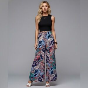 Paisley Print Wide Leg Pants Blue